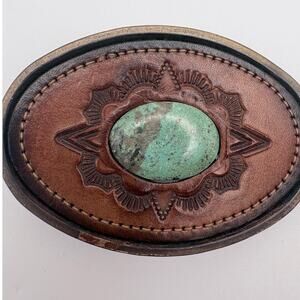 BTS Tooled Leather and Brass Belt Buckle with Turquoise Center Stone